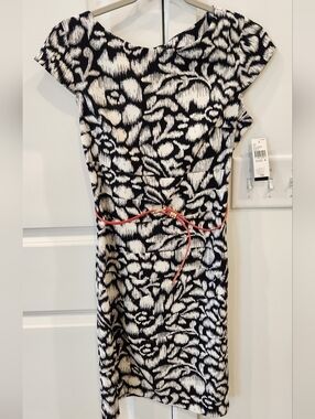 Alyx Black and White Floral Midi Dress with Coral Belt